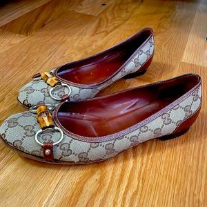 Gucci Buckle Horsebit Canvas Leather Ballet Flats